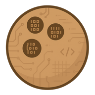 DudeSoft logo - a bowling ball with circuit traces and binary code